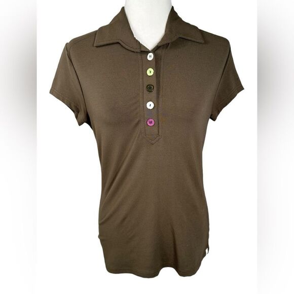 Lija Olive Green Funky Multi Color Button Front Short Sleeve Polo Shirt - Picture 2 of 7